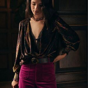 Anthropologie Velvet Wrap Top Paisley Boho Dark Academia Whimsigoth Size Large